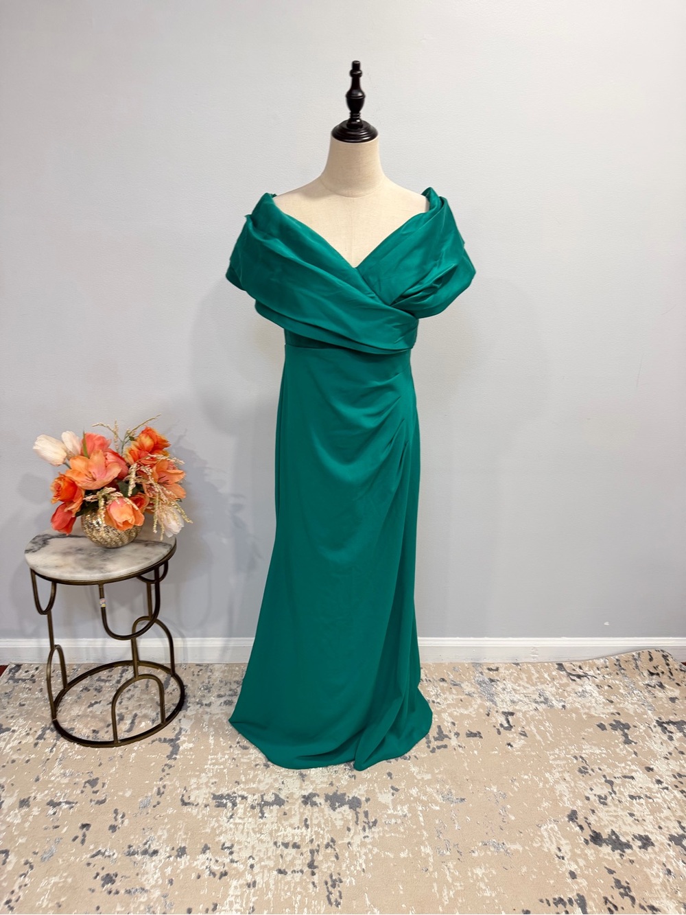 Betsy & Adam Elegant Off The Shoulder Emerald Green Evening Formal Maxi Gown
